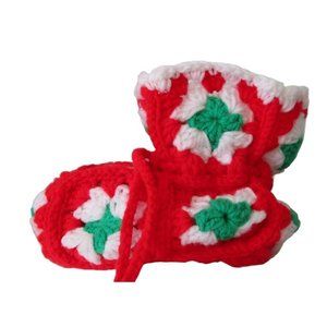 Granny Square Bootie Christmas Stocking Hand Crochet Brass Jingle Bells EUC